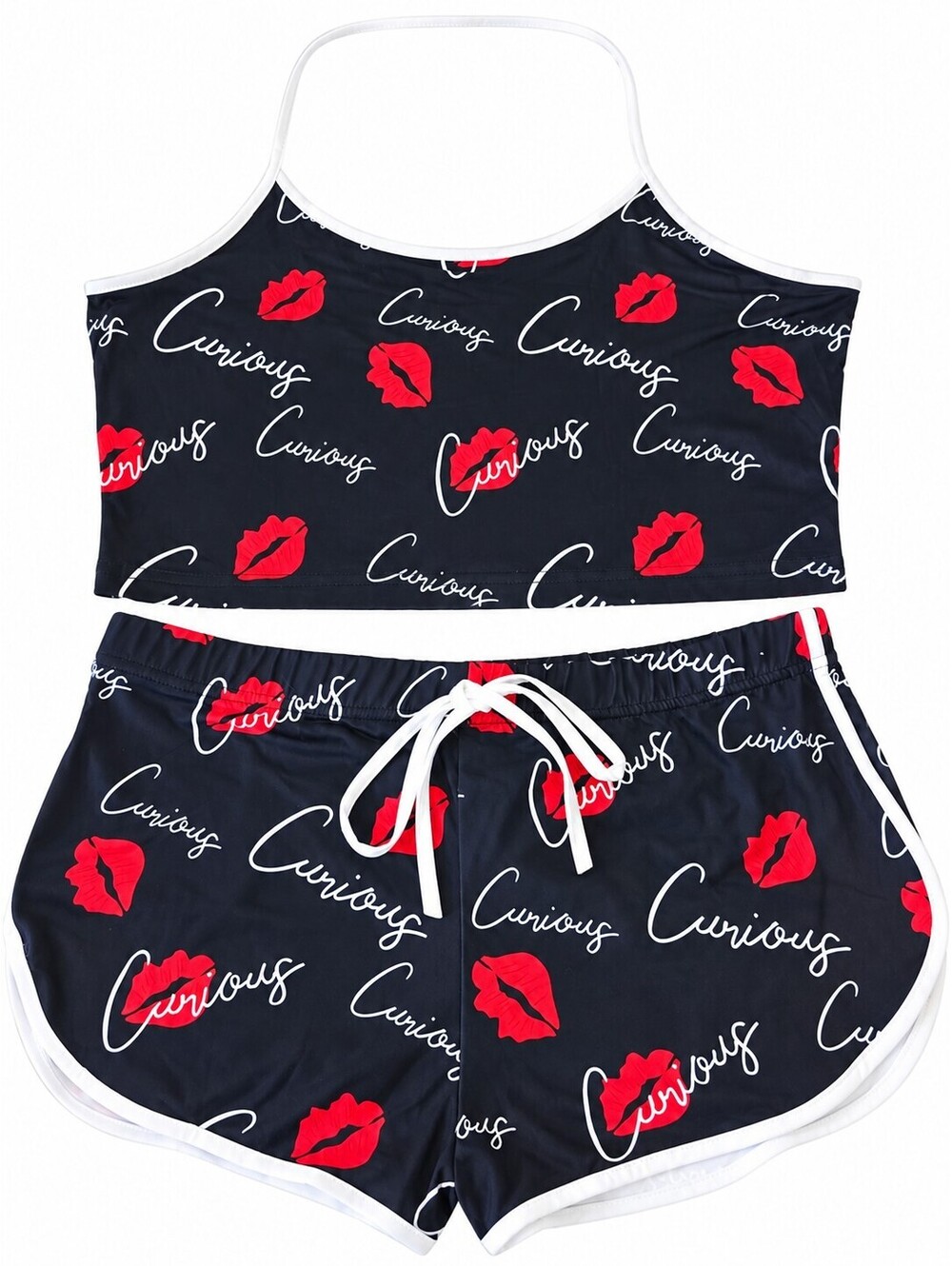 Two-Piece Black Crop Top and Shorts Set with Red Lip and 'Curious' Print, SizeXL